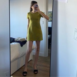 Beautiful chartreuse knit dress with shimmery flower stitching detail on bottom!